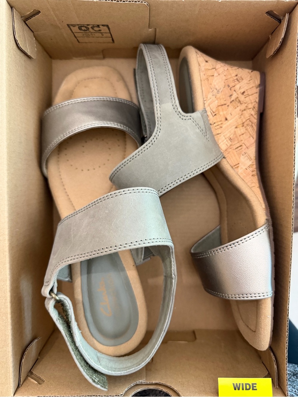 Clarks Women's Grey Wedge Sandals with Cork Heel